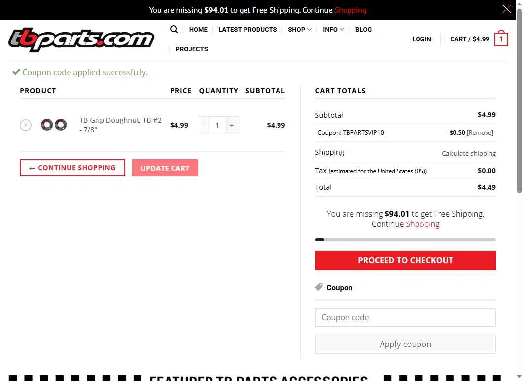 TBparts.com checkout page showing TBparts.com coupon code box | Screenshot taken by SimplyCodes community member on Jun 10, 2025