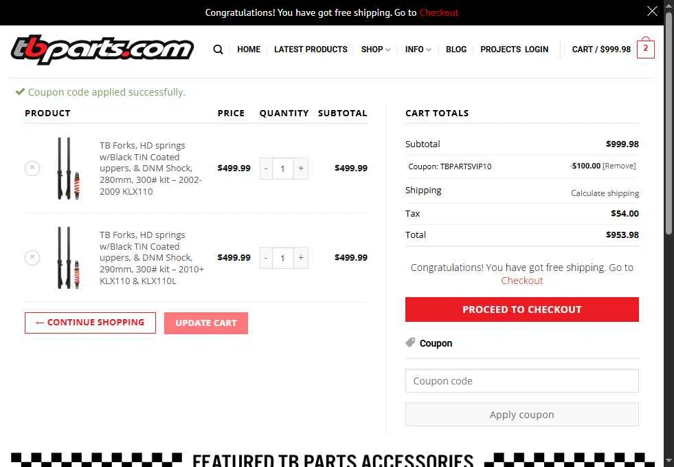 TBparts.com checkout page showing TBparts.com coupon code box | Screenshot taken by SimplyCodes community member on Jun 10, 2025