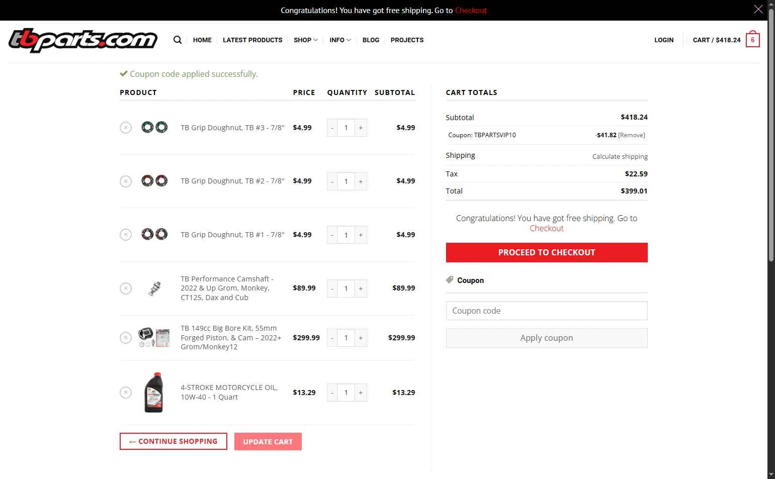 TBparts.com checkout page showing TBparts.com coupon code box | Screenshot taken by SimplyCodes community member on Jun 10, 2025