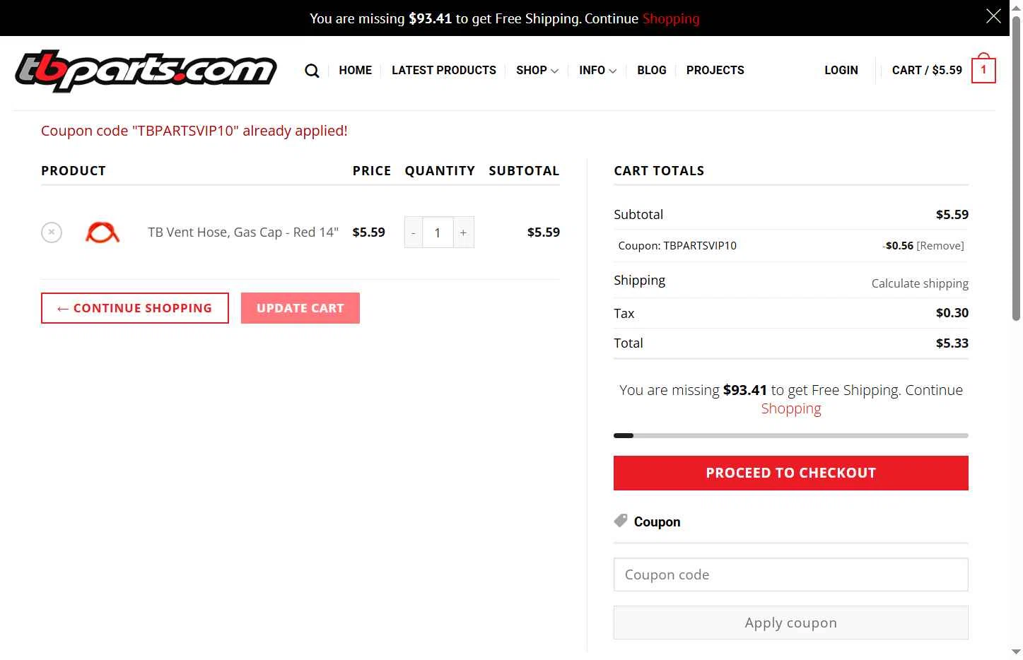 TBparts.com checkout page showing TBparts.com coupon code box | Screenshot taken by SimplyCodes community member on Jun 10, 2025