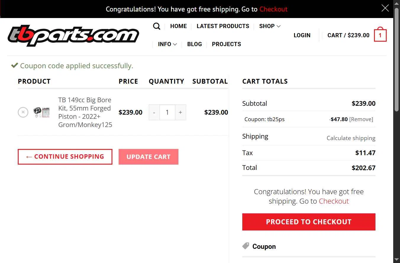 TBparts.com checkout page showing TBparts.com coupon code box | Screenshot taken by SimplyCodes community member on Nov 25, 2025