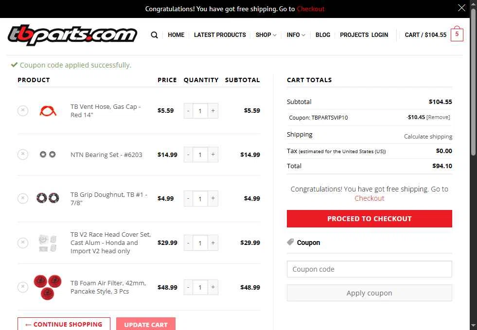 TBparts.com checkout page showing TBparts.com coupon code box | Screenshot taken by SimplyCodes community member on Jun 10, 2025
