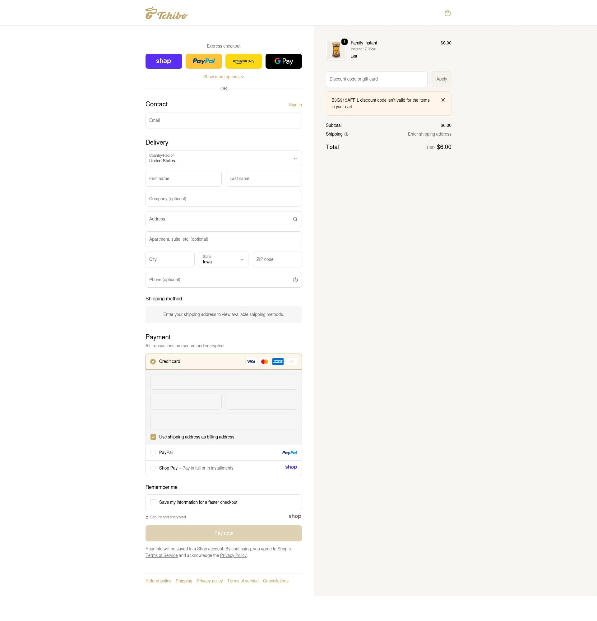 Tchibo US checkout page showing Tchibo US promo code box | Screenshot taken by SimplyCodes community member on Dec 18, 2025