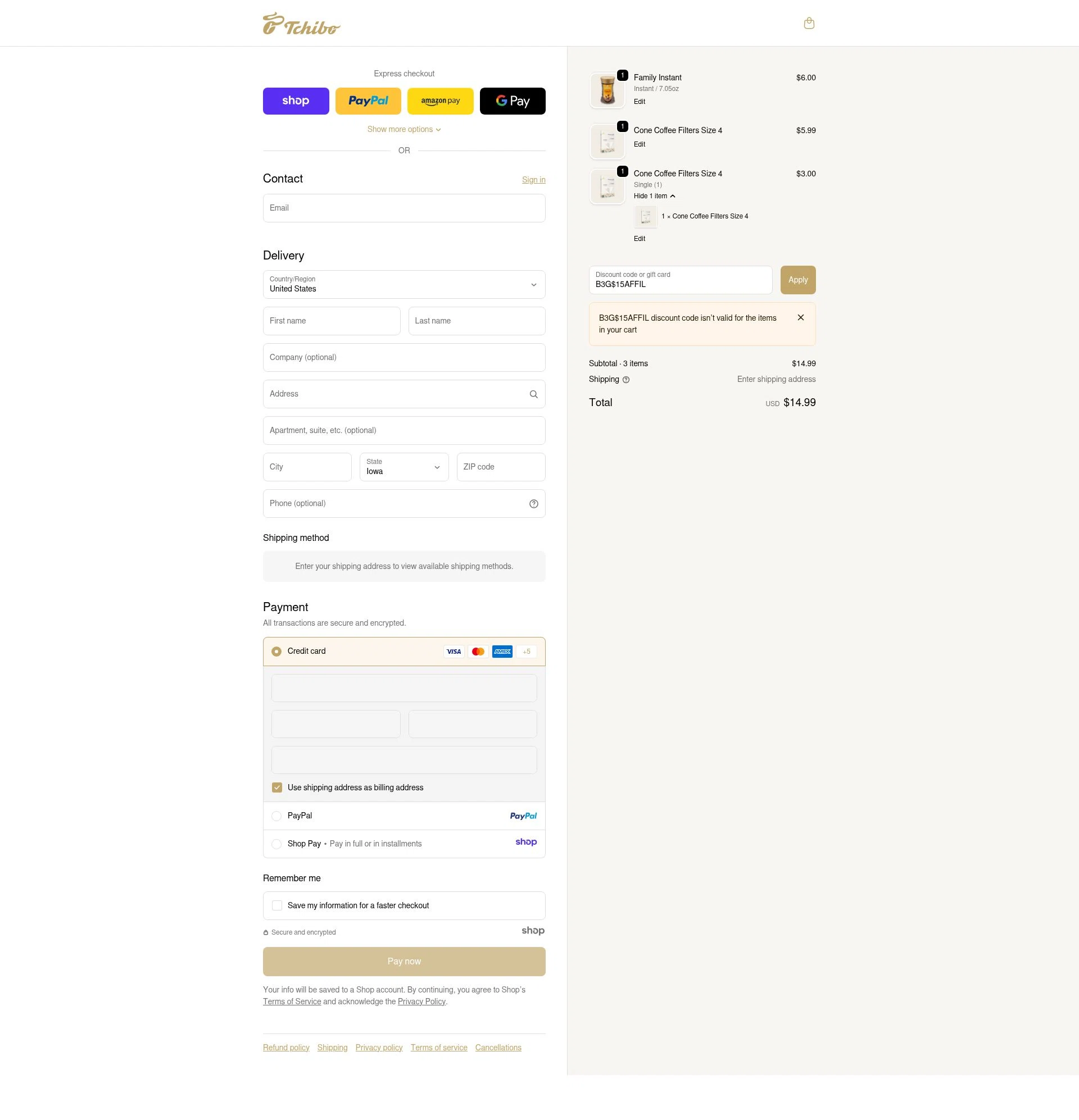Tchibo US checkout page showing Tchibo US promo code box | Screenshot taken by SimplyCodes community member on Dec 11, 2025