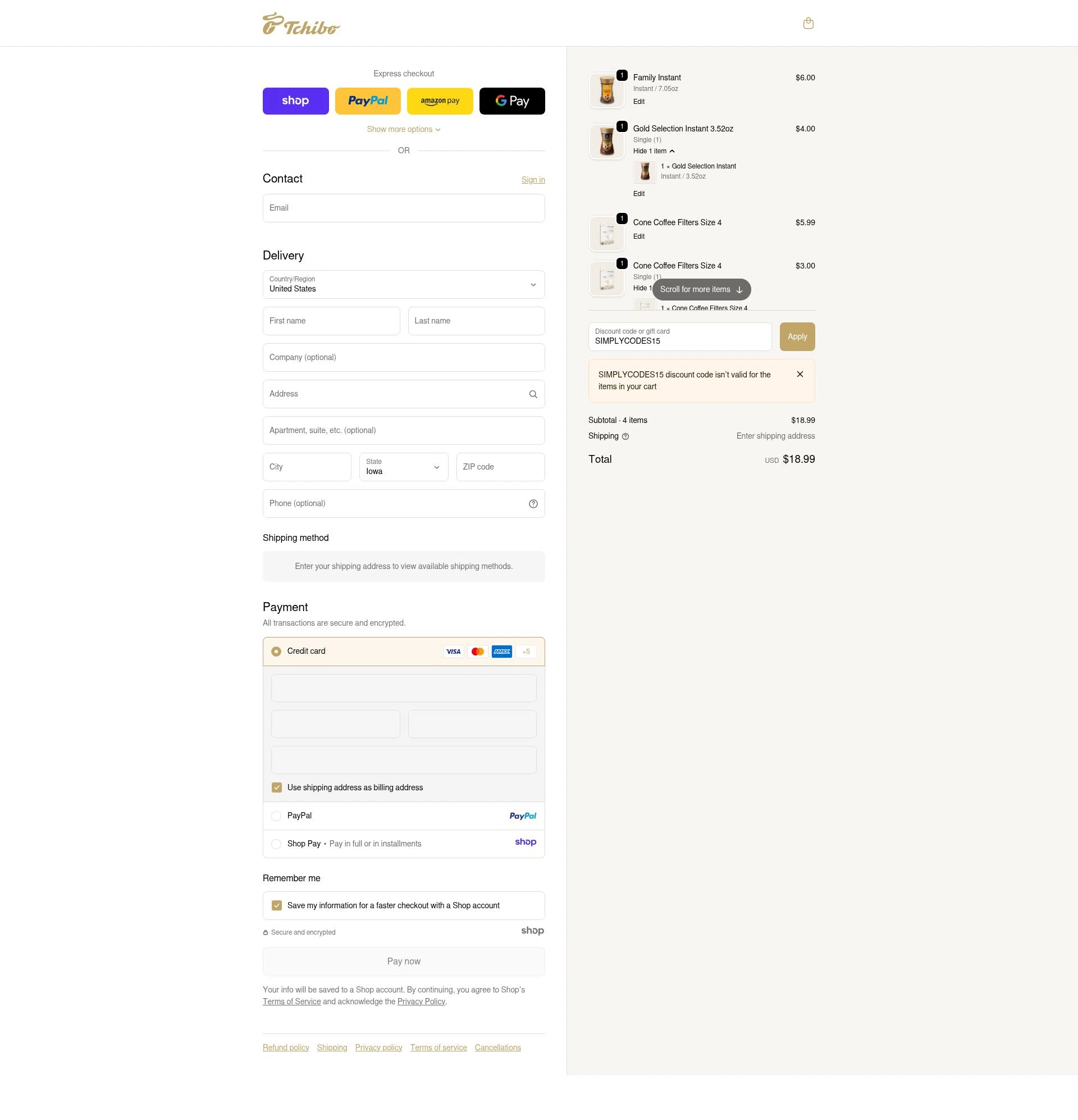 Tchibo US checkout page showing Tchibo US promo code box | Screenshot taken by SimplyCodes community member on Nov 30, 2025