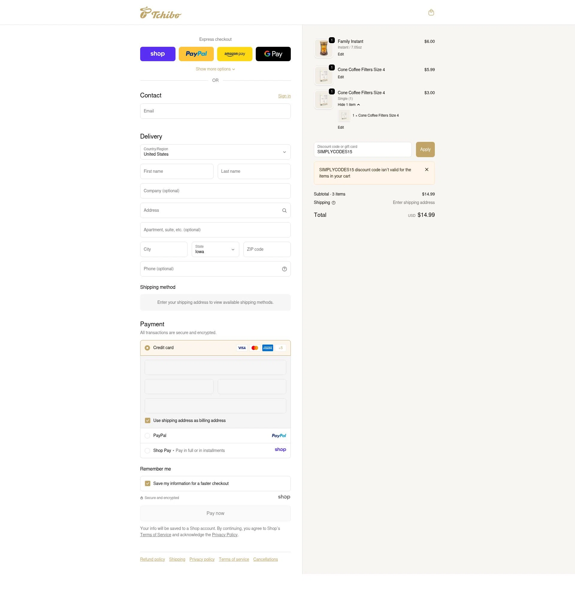 Tchibo US checkout page showing Tchibo US promo code box | Screenshot taken by SimplyCodes community member on Dec 11, 2025