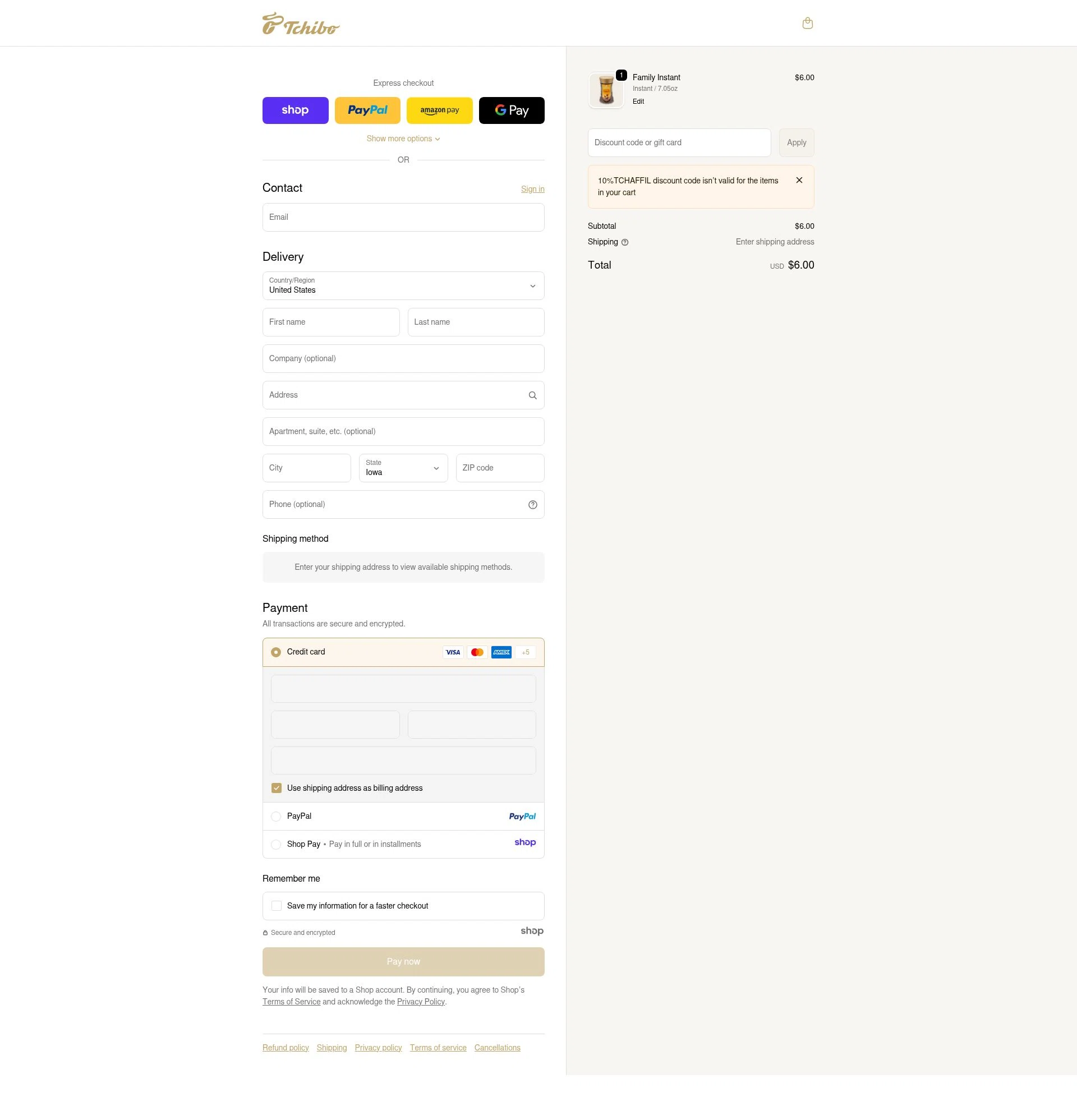 Tchibo US checkout page showing Tchibo US promo code box | Screenshot taken by SimplyCodes community member on Dec 18, 2025