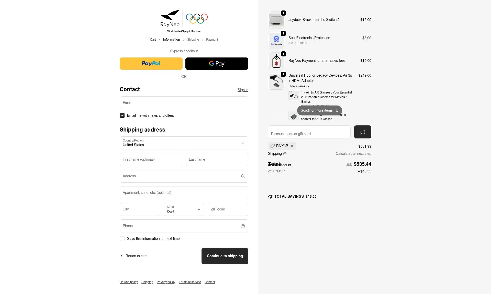 TCL RayNeo checkout page showing TCL RayNeo promo code box | Screenshot taken by SimplyCodes community member on Jan 3, 2026