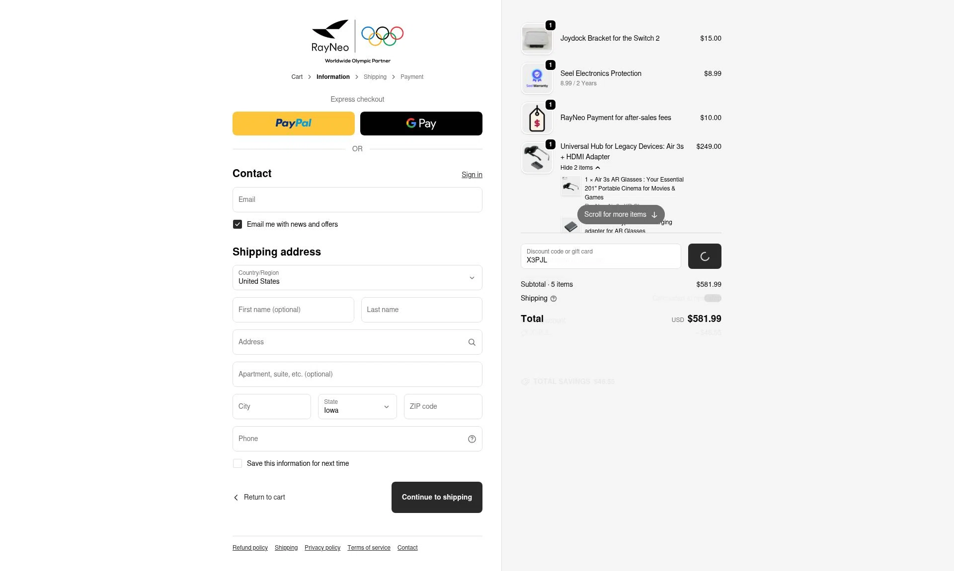 TCL RayNeo checkout page showing TCL RayNeo promo code box | Screenshot taken by SimplyCodes community member on Jan 3, 2026