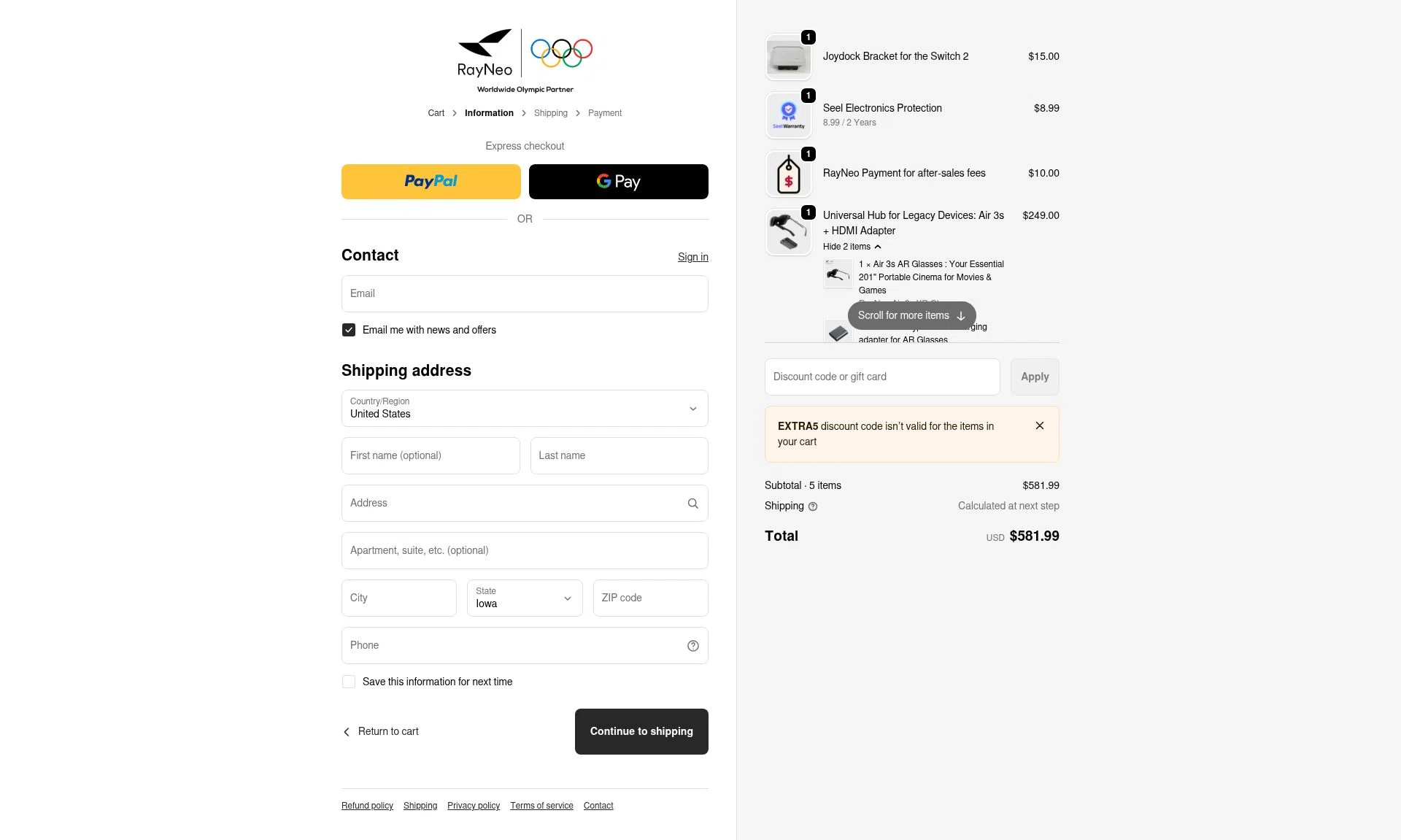 TCL RayNeo checkout page showing TCL RayNeo promo code box | Screenshot taken by SimplyCodes community member on Jan 3, 2026