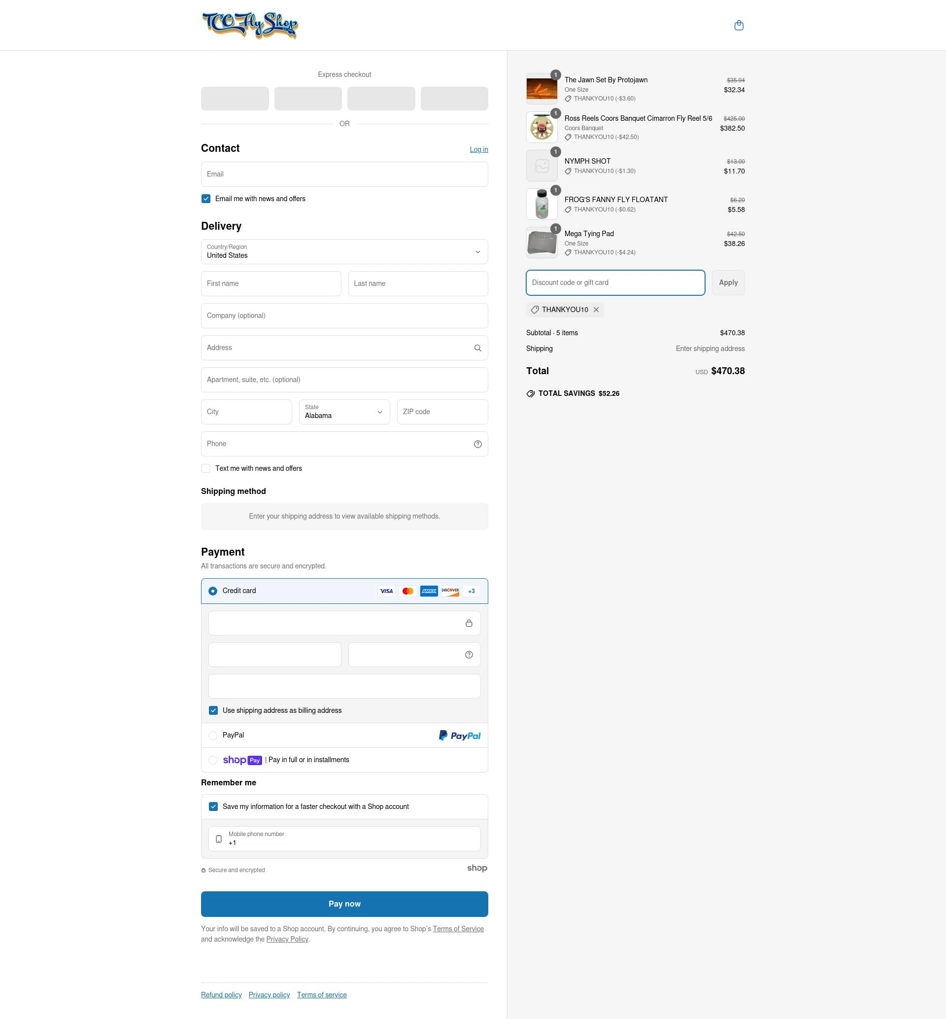 TCO Fly Shop checkout page showing TCO Fly Shop discount code box | Screenshot taken by SimplyCodes community member on Apr 30, 2025