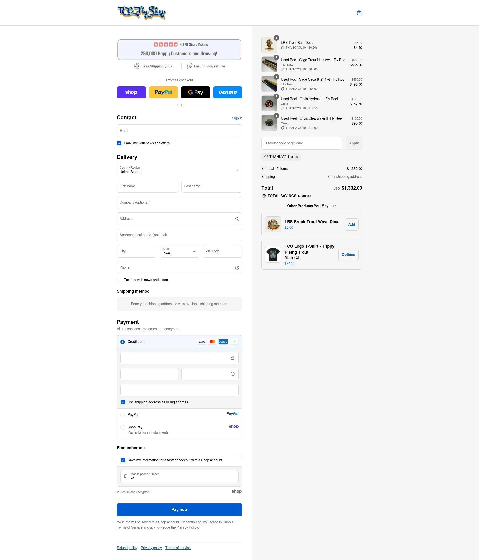 TCO Fly Shop checkout page showing TCO Fly Shop discount code box | Screenshot taken by SimplyCodes community member on Sep 10, 2025