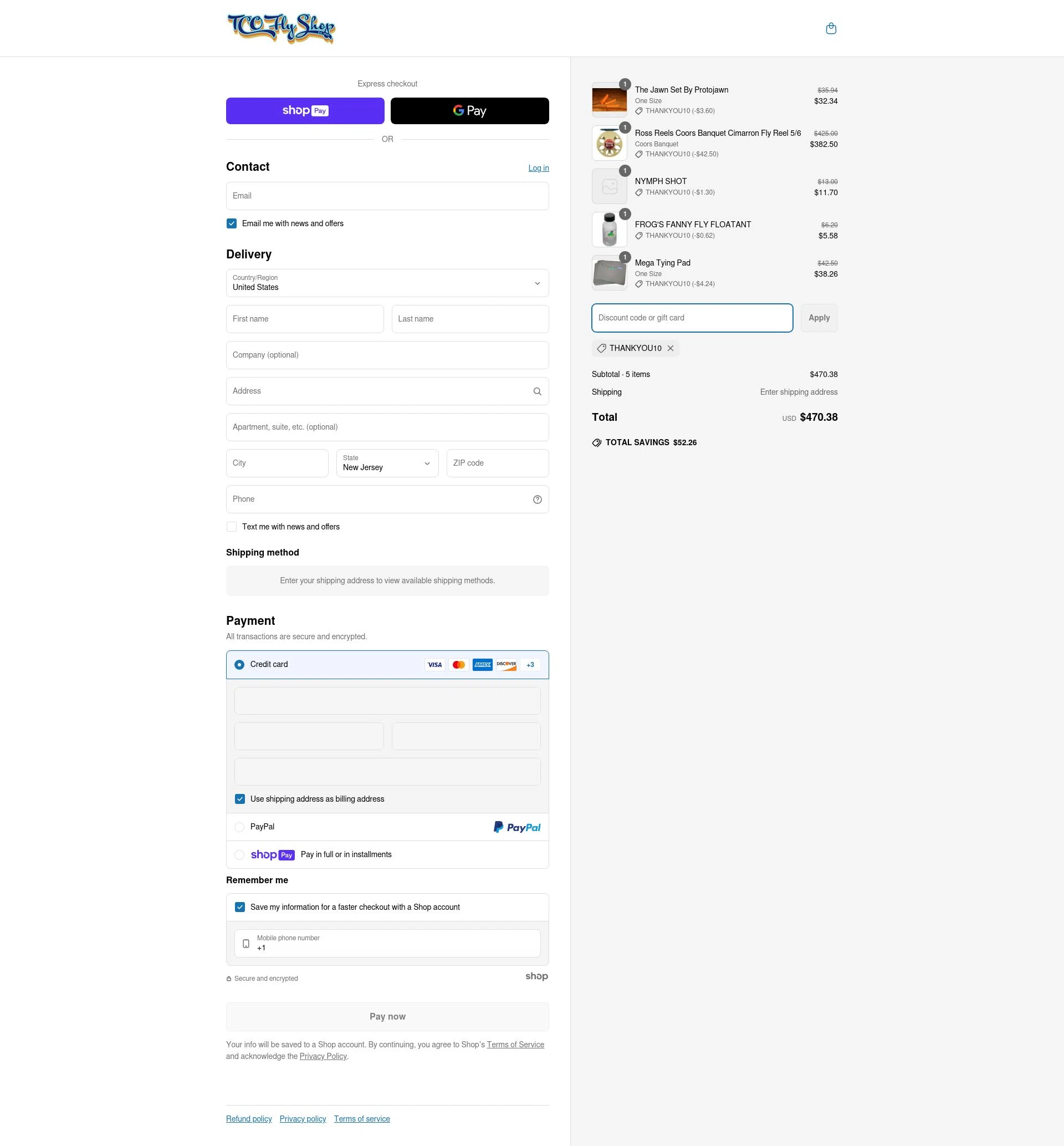 TCO Fly Shop checkout page showing TCO Fly Shop discount code box | Screenshot taken by SimplyCodes community member on May 20, 2025