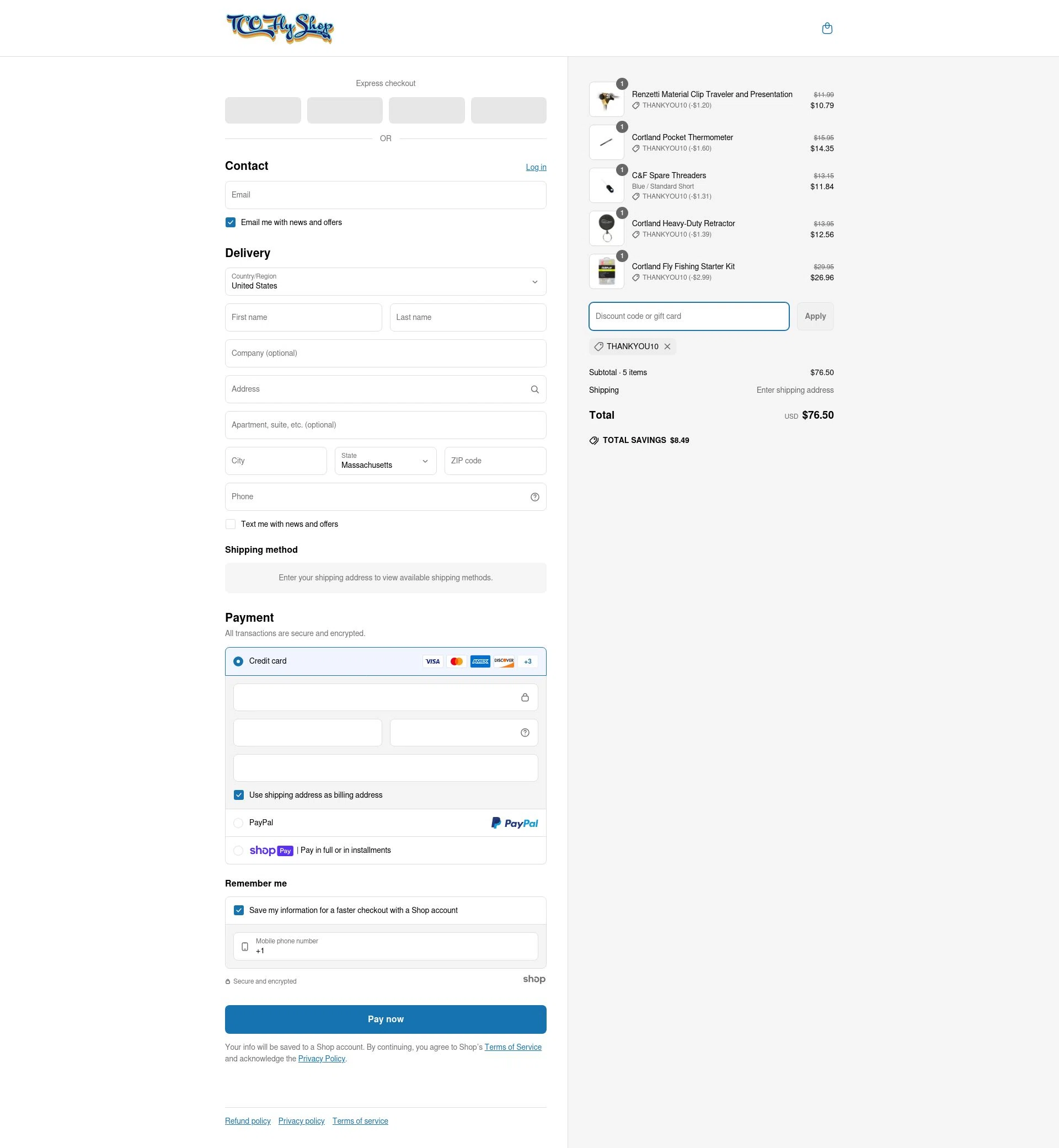 TCO Fly Shop checkout page showing TCO Fly Shop discount code box | Screenshot taken by SimplyCodes community member on Apr 17, 2025