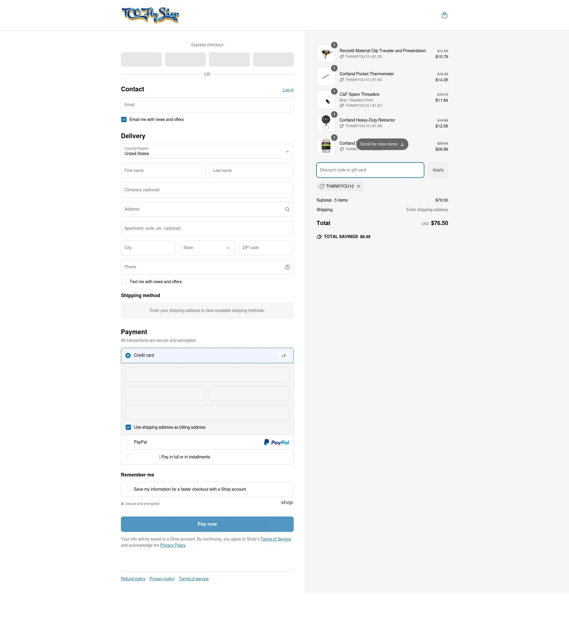 TCO Fly Shop checkout page showing TCO Fly Shop discount code box | Screenshot taken by SimplyCodes community member on Apr 23, 2025