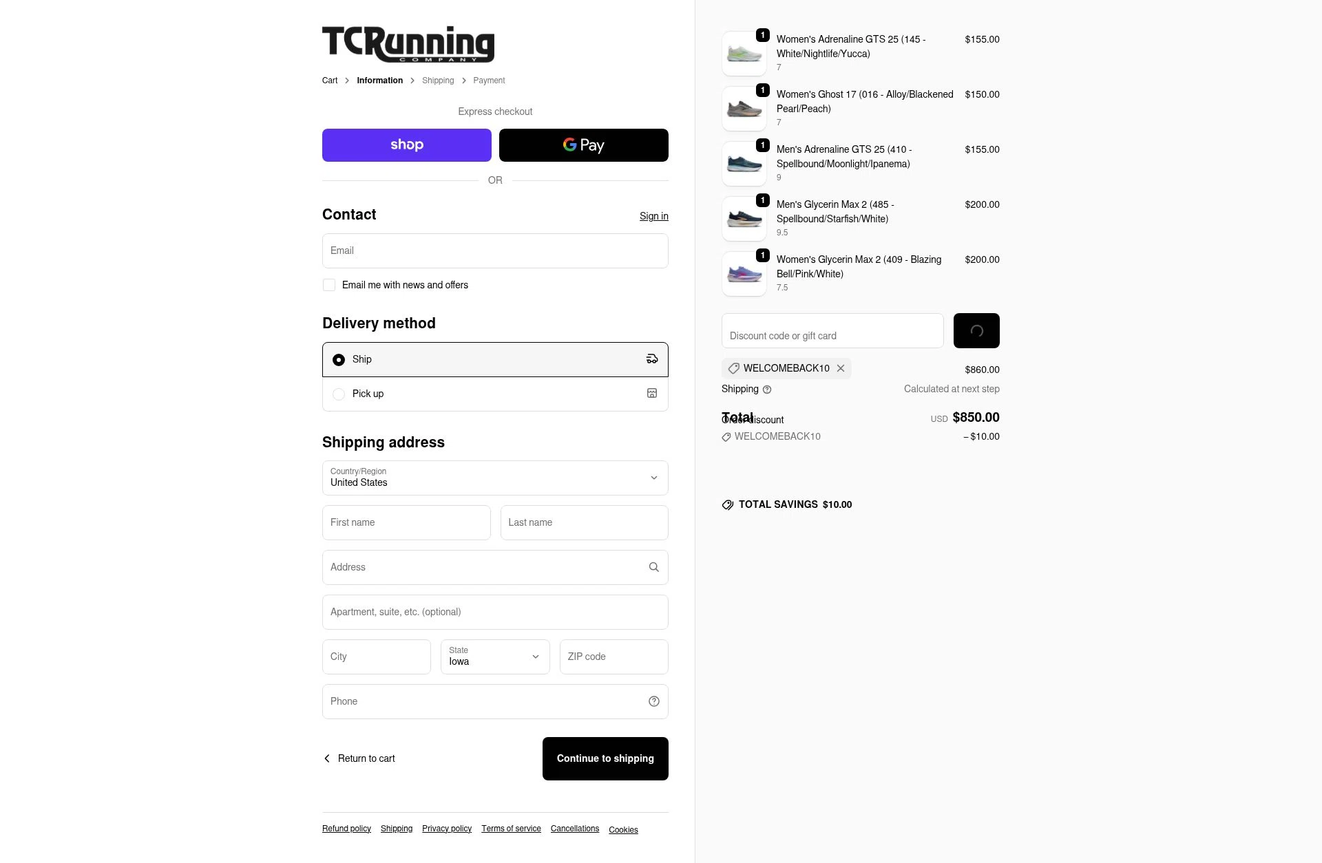 TC Running Company checkout page showing TC Running Company discount code box | Screenshot taken by SimplyCodes community member on Feb 14, 2026