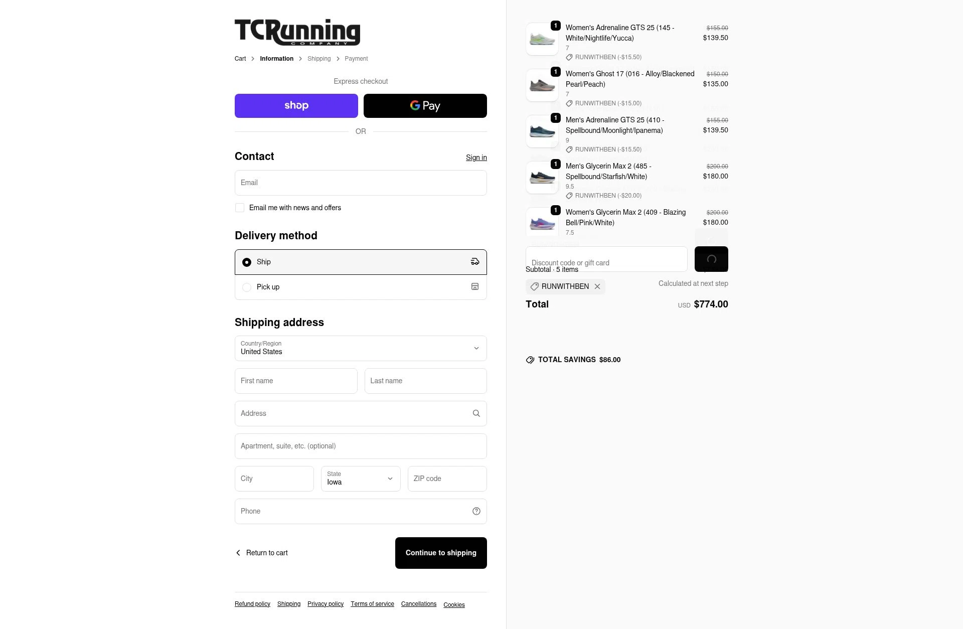 TC Running Company checkout page showing TC Running Company discount code box | Screenshot taken by SimplyCodes community member on Feb 14, 2026