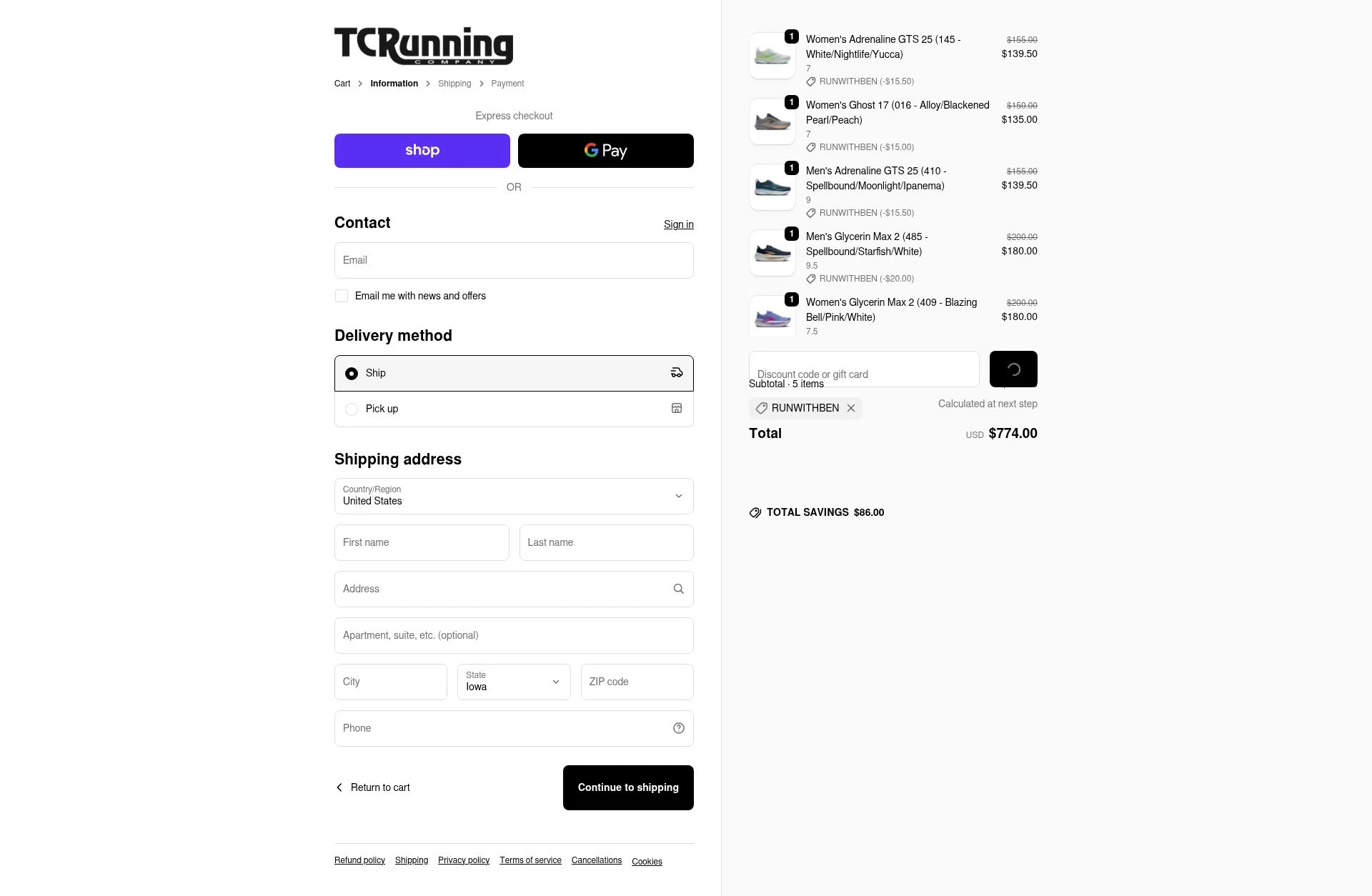 TC Running Company checkout page showing TC Running Company discount code box | Screenshot taken by SimplyCodes community member on Feb 11, 2026