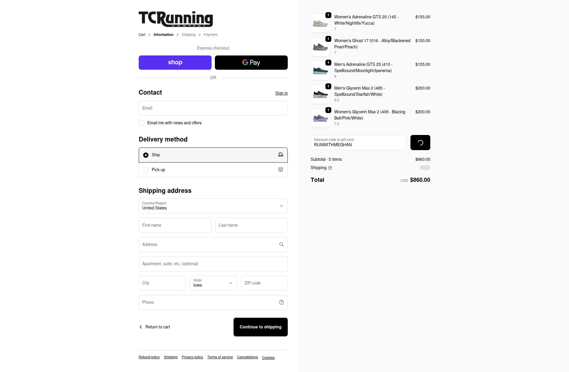 TC Running Company checkout page showing TC Running Company discount code box | Screenshot taken by SimplyCodes community member on Feb 12, 2026
