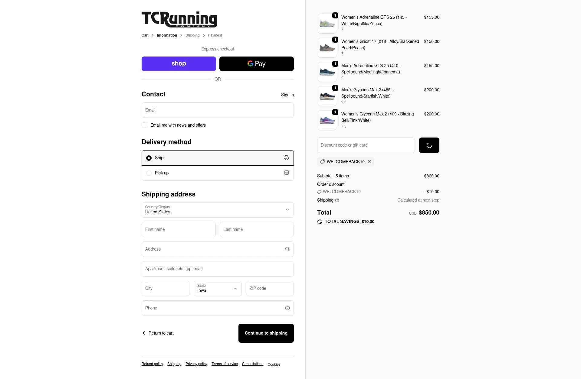 TC Running Company checkout page showing TC Running Company discount code box | Screenshot taken by SimplyCodes community member on Feb 6, 2026