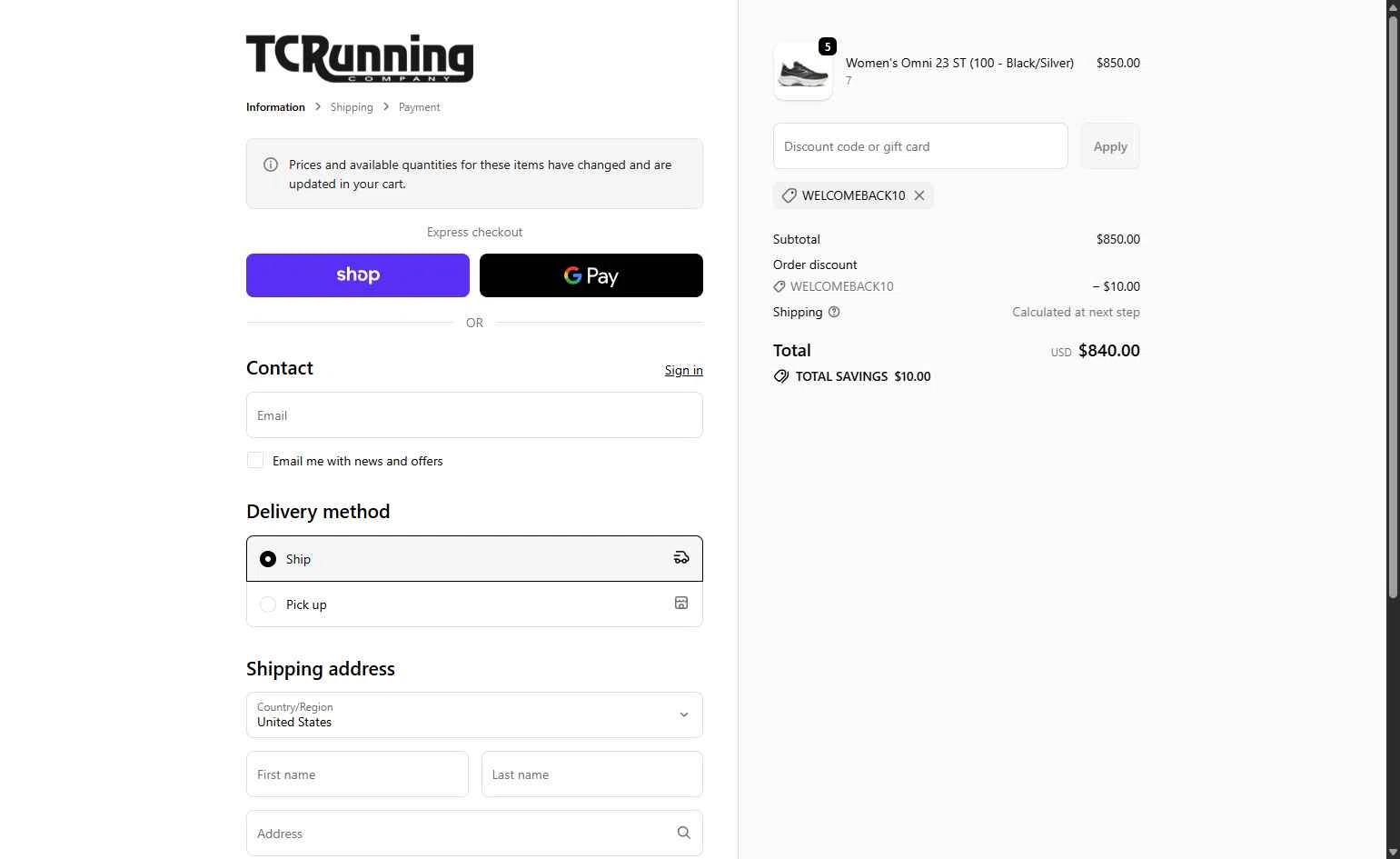 TC Running Company checkout page showing TC Running Company discount code box | Screenshot taken by SimplyCodes community member on Feb 10, 2026