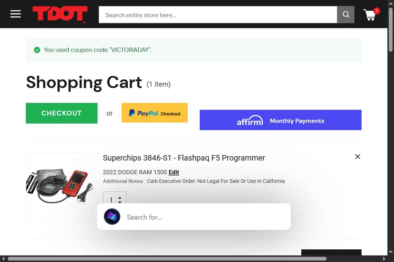TDotPerformance checkout page showing TDotPerformance coupon code box | Screenshot taken by SimplyCodes community member on May 15, 2025