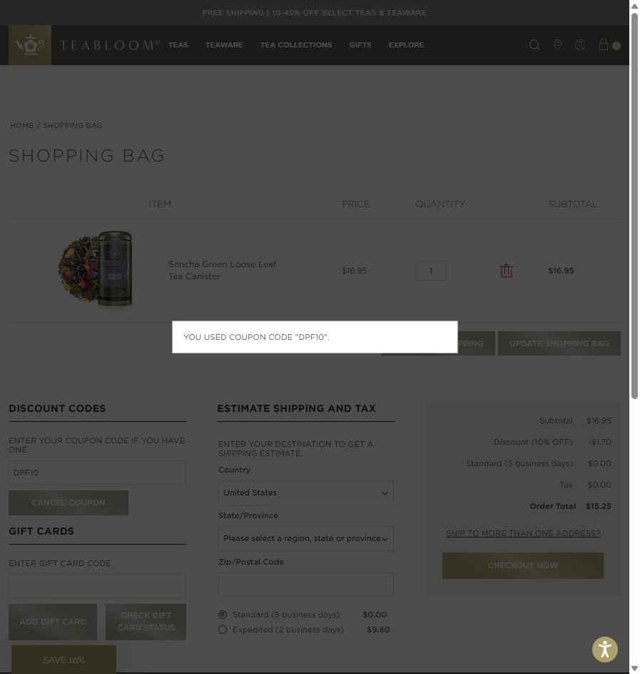 Teabloom checkout page showing Teabloom discount code box | Screenshot taken by SimplyCodes community member on Aug 16, 2025