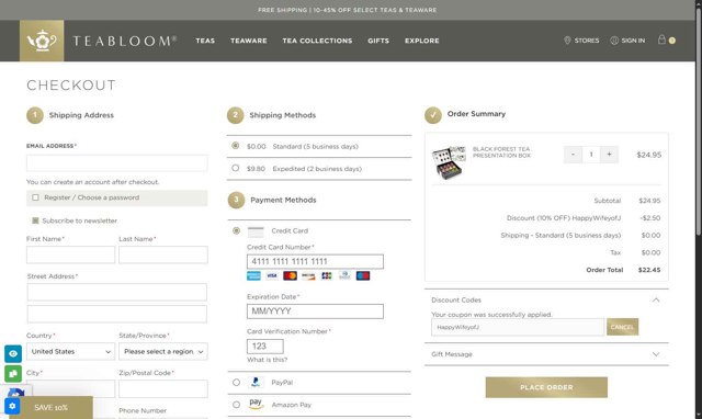 Teabloom checkout page showing Teabloom discount code box | Screenshot taken by SimplyCodes community member on Aug 19, 2025