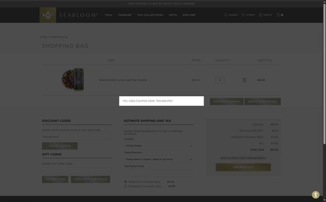 Teabloom checkout page showing Teabloom discount code box | Screenshot taken by SimplyCodes community member on Sep 1, 2025