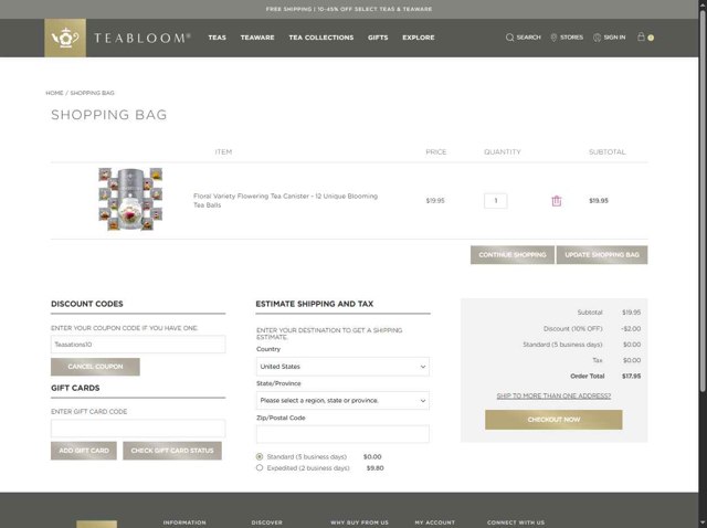 Teabloom checkout page showing Teabloom discount code box | Screenshot taken by SimplyCodes community member on Aug 28, 2025