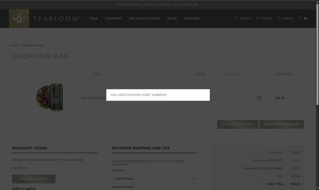 Teabloom checkout page showing Teabloom discount code box | Screenshot taken by SimplyCodes community member on Aug 18, 2025