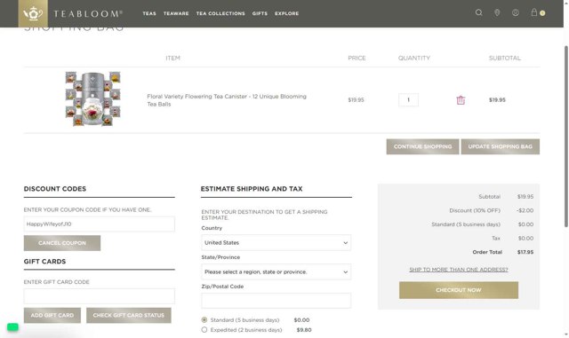 Teabloom checkout page showing Teabloom discount code box | Screenshot taken by SimplyCodes community member on Aug 28, 2025