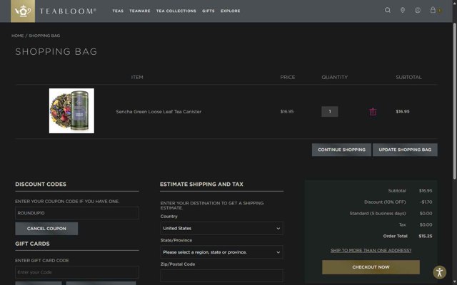Teabloom checkout page showing Teabloom discount code box | Screenshot taken by SimplyCodes community member on Aug 3, 2025