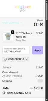 MOTHEROFF10 coupon verification screenshot