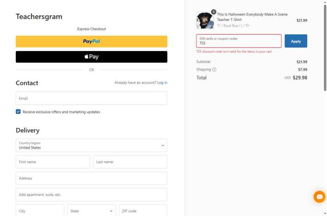 Teachersgram checkout page showing Teachersgram coupon code box | Screenshot taken by SimplyCodes community member on Sep 11, 2025
