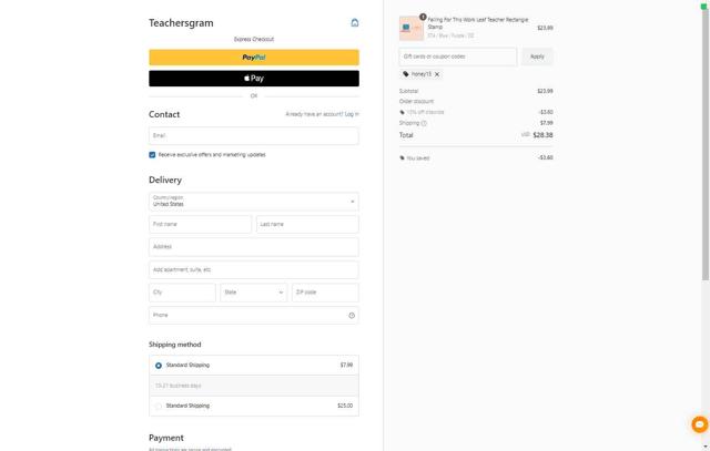 Teachersgram checkout page showing Teachersgram coupon code box | Screenshot taken by SimplyCodes community member on Sep 11, 2025