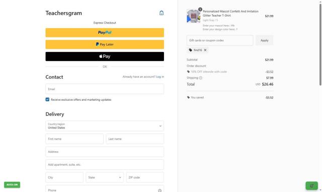 Teachersgram checkout page showing Teachersgram coupon code box | Screenshot taken by SimplyCodes community member on Sep 9, 2025