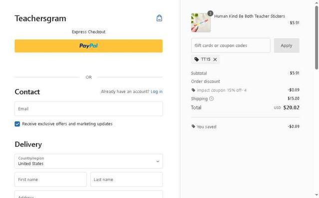 Teachersgram checkout page showing Teachersgram coupon code box | Screenshot taken by SimplyCodes community member on Aug 20, 2025