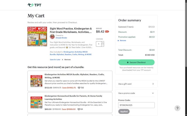 Teachers Pay Teachers checkout page showing Teachers Pay Teachers promo code box | Screenshot taken by SimplyCodes community member on Aug 26, 2025