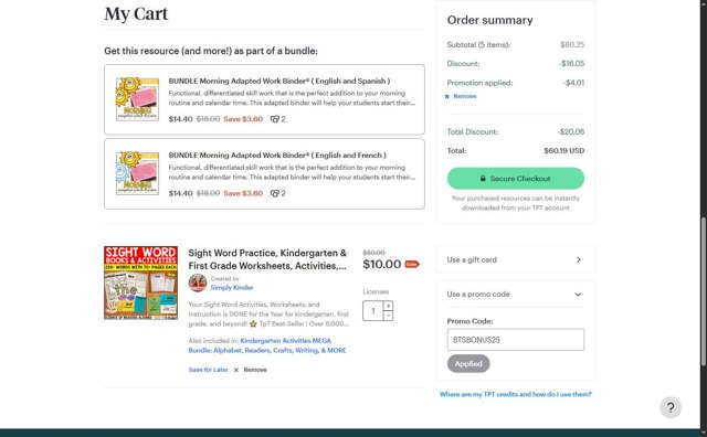 Teachers Pay Teachers checkout page showing Teachers Pay Teachers promo code box | Screenshot taken by SimplyCodes community member on Aug 26, 2025