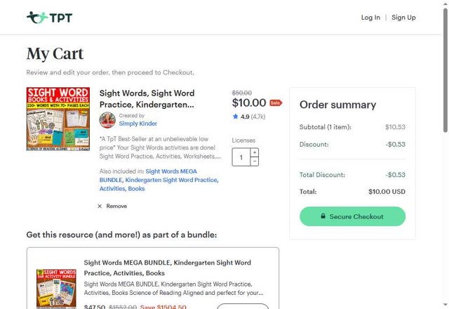 Teachers Pay Teachers checkout page showing Teachers Pay Teachers promo code box | Screenshot taken by SimplyCodes community member on May 12, 2025