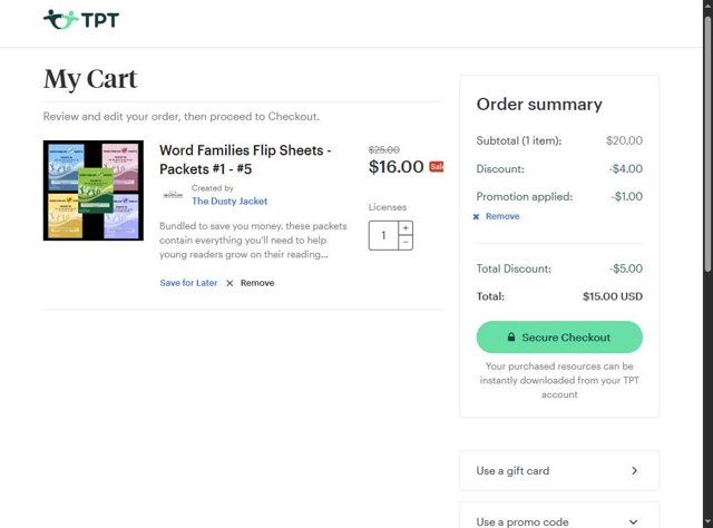 Teachers Pay Teachers checkout page showing Teachers Pay Teachers promo code box | Screenshot taken by SimplyCodes community member on Aug 5, 2025