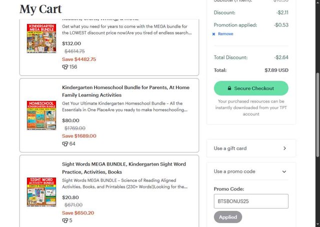 Teachers Pay Teachers checkout page showing Teachers Pay Teachers promo code box | Screenshot taken by SimplyCodes community member on Aug 26, 2025