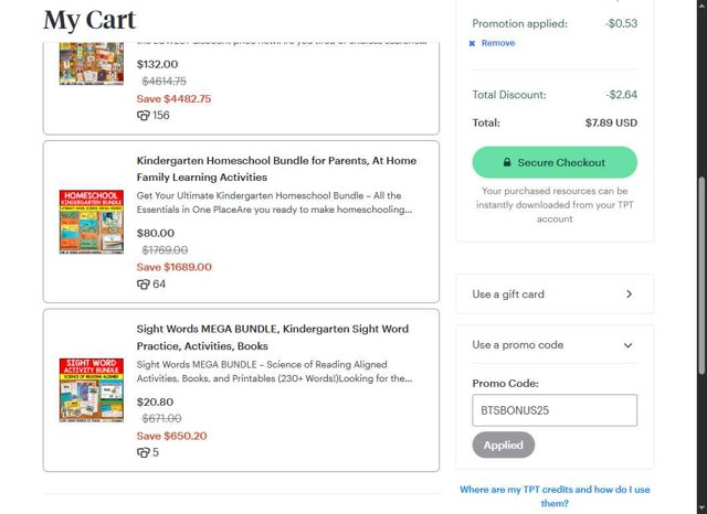 Teachers Pay Teachers checkout page showing Teachers Pay Teachers promo code box | Screenshot taken by SimplyCodes community member on Aug 26, 2025