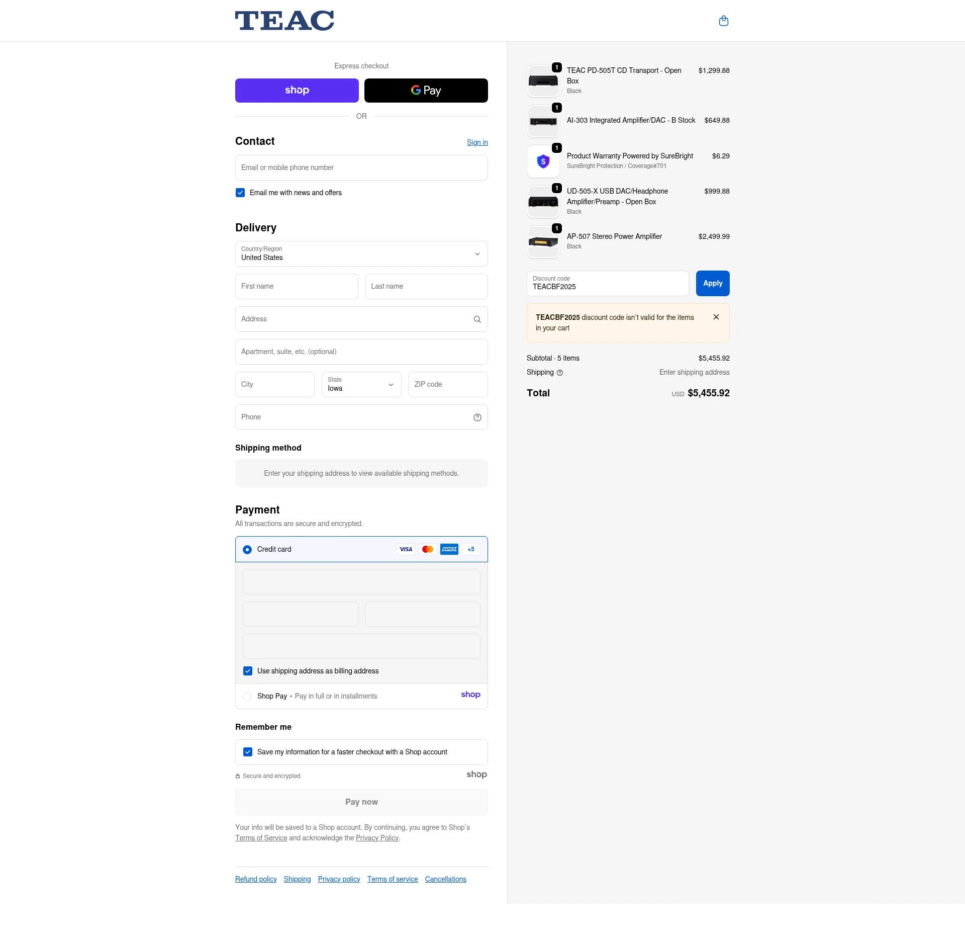 TEAC USA checkout page showing TEAC USA promo code box | Screenshot taken by SimplyCodes community member on Nov 29, 2025