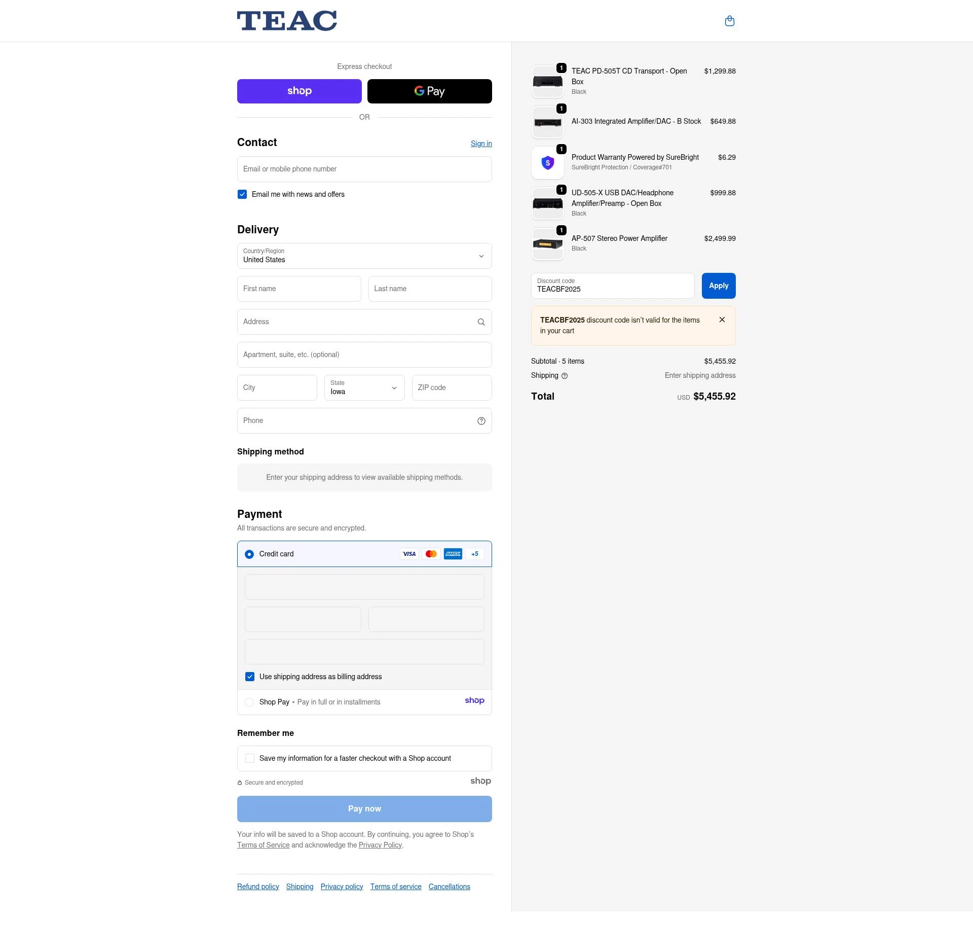 TEAC USA checkout page showing TEAC USA promo code box | Screenshot taken by SimplyCodes community member on Dec 4, 2025