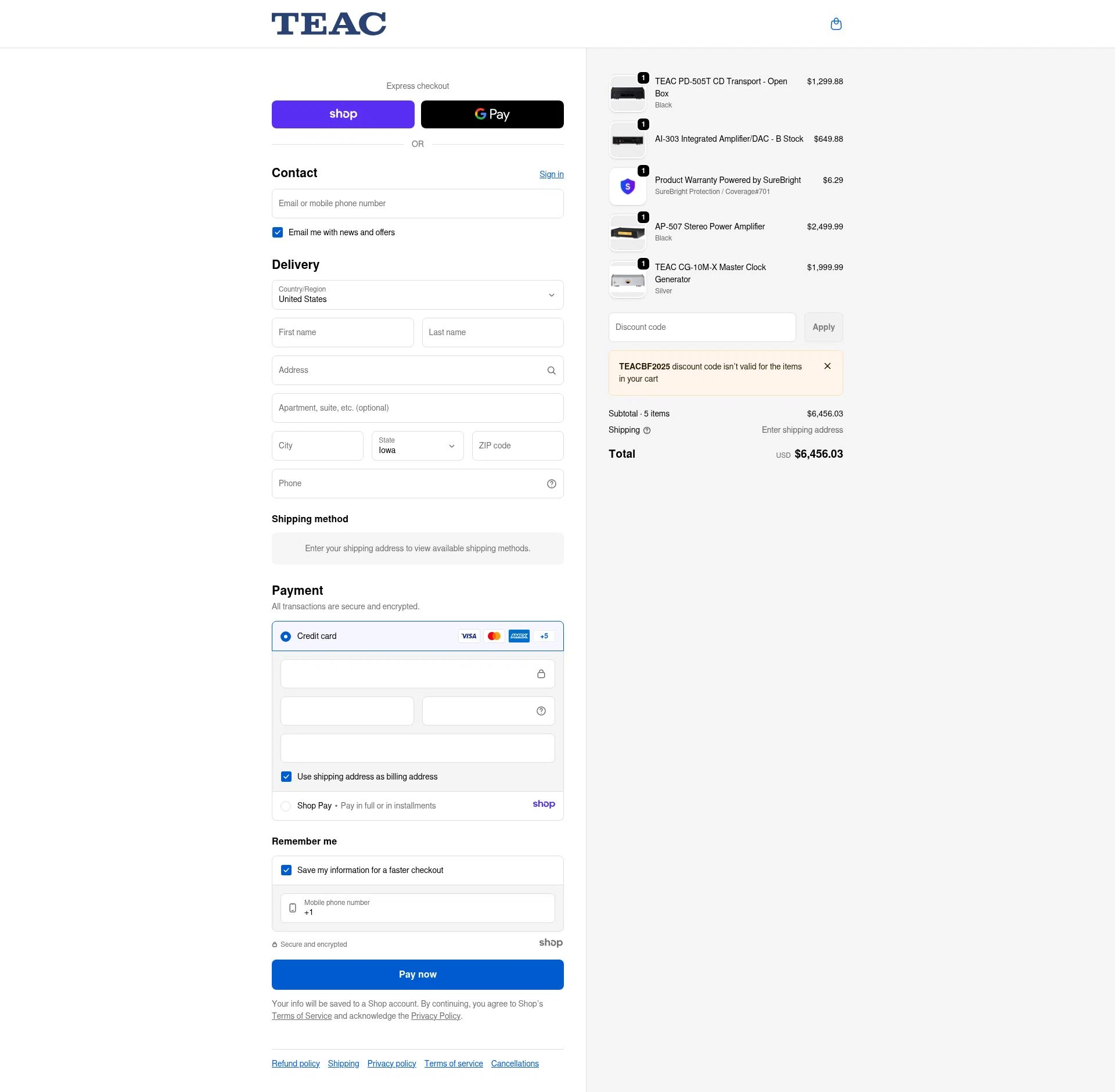 TEAC USA checkout page showing TEAC USA promo code box | Screenshot taken by SimplyCodes community member on Dec 22, 2025