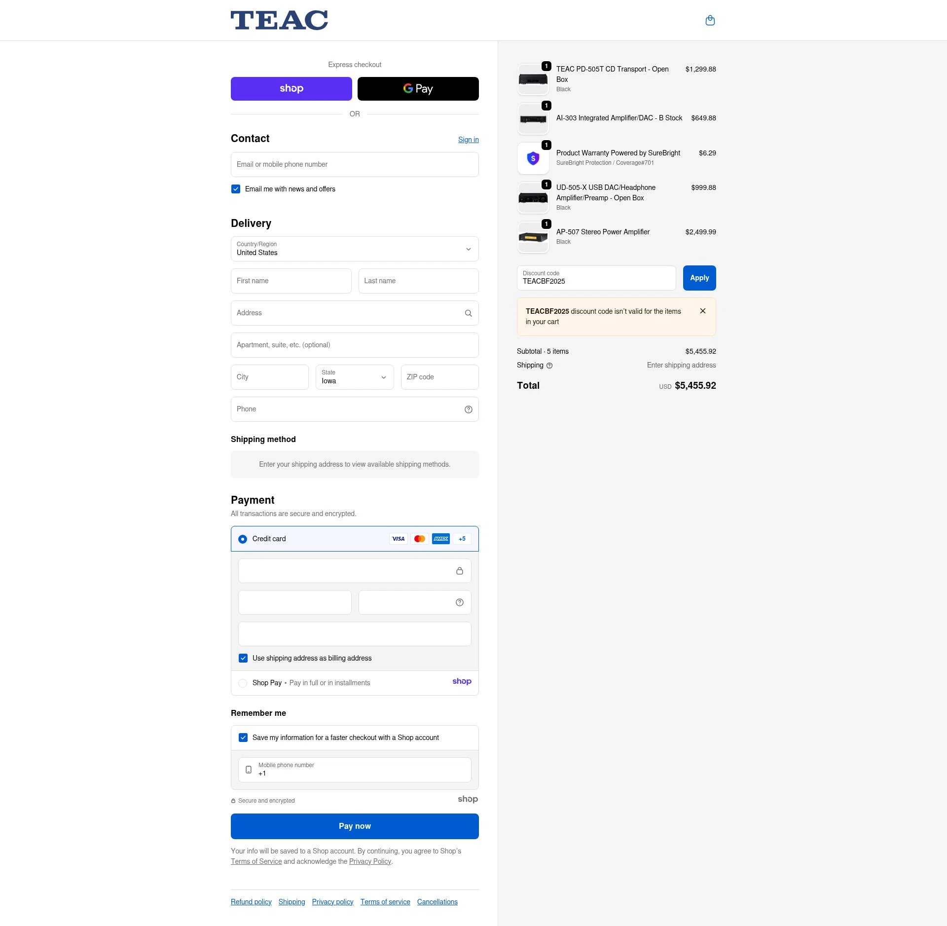 TEAC USA checkout page showing TEAC USA promo code box | Screenshot taken by SimplyCodes community member on Dec 9, 2025