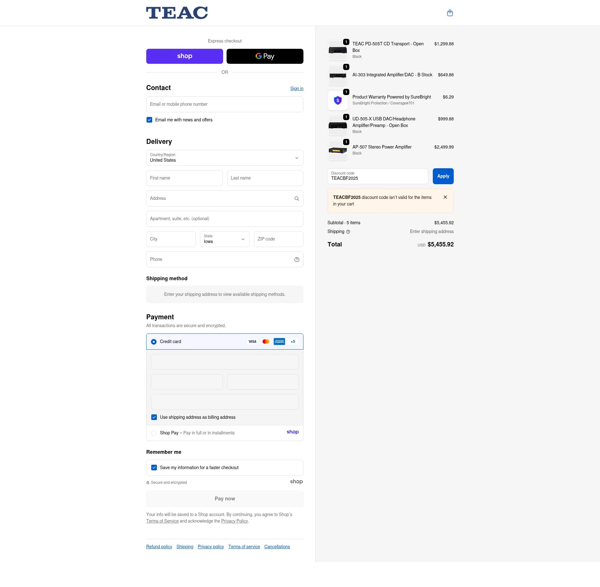 TEAC USA checkout page showing TEAC USA promo code box | Screenshot taken by SimplyCodes community member on Dec 15, 2025