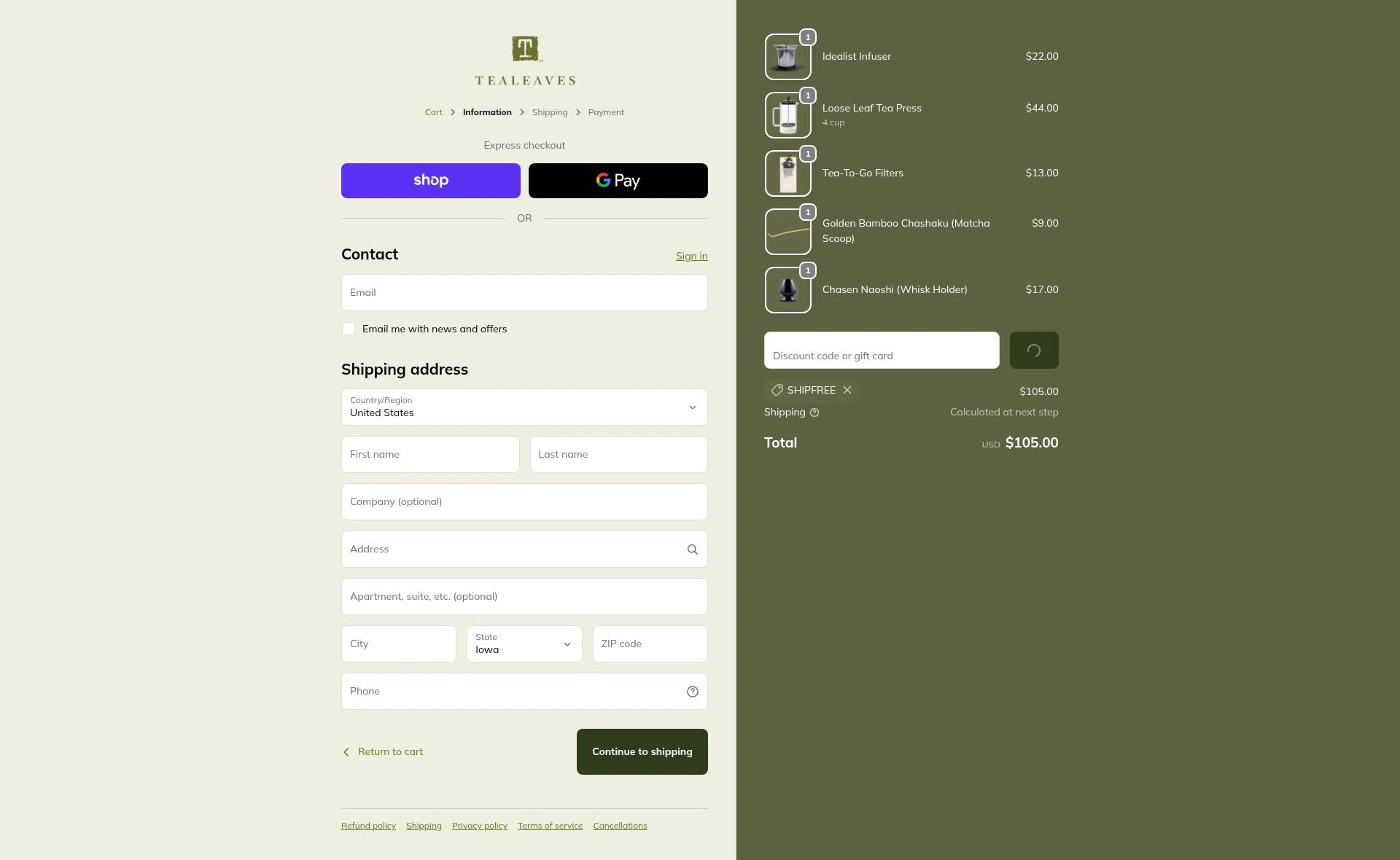 Tea Leaves checkout page showing Tea Leaves promo code box | Screenshot taken by SimplyCodes community member on Jan 24, 2026